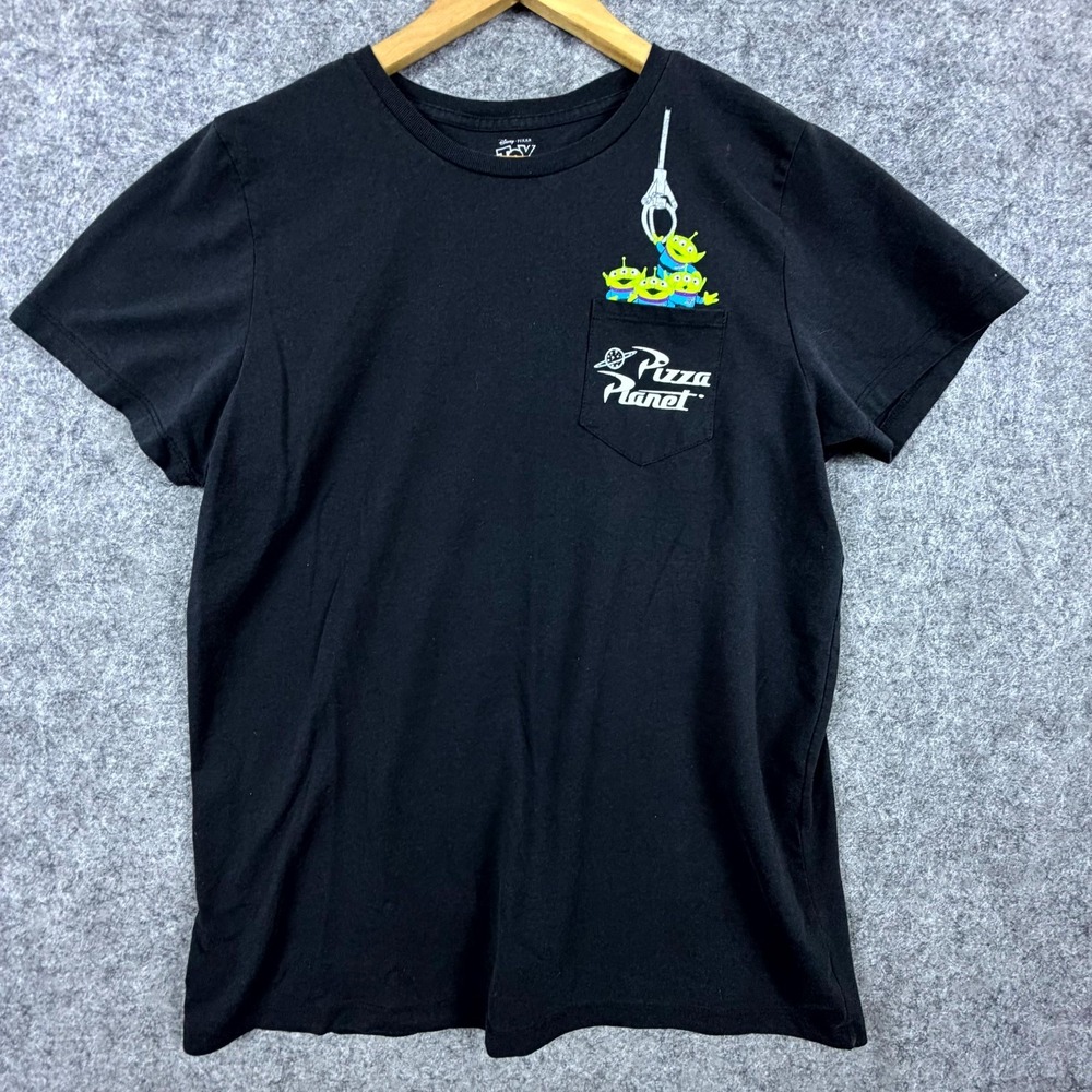 Disney Toy Story Pizza Planet T-Shirt Mens Large Black Cotton Pocket Cartoon